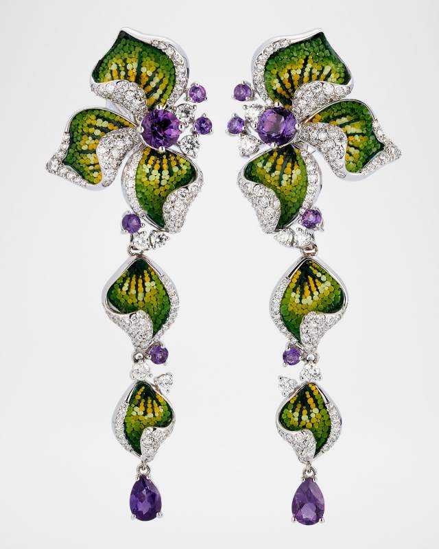 18K White Gold White Diamond and Amethyst Earrings